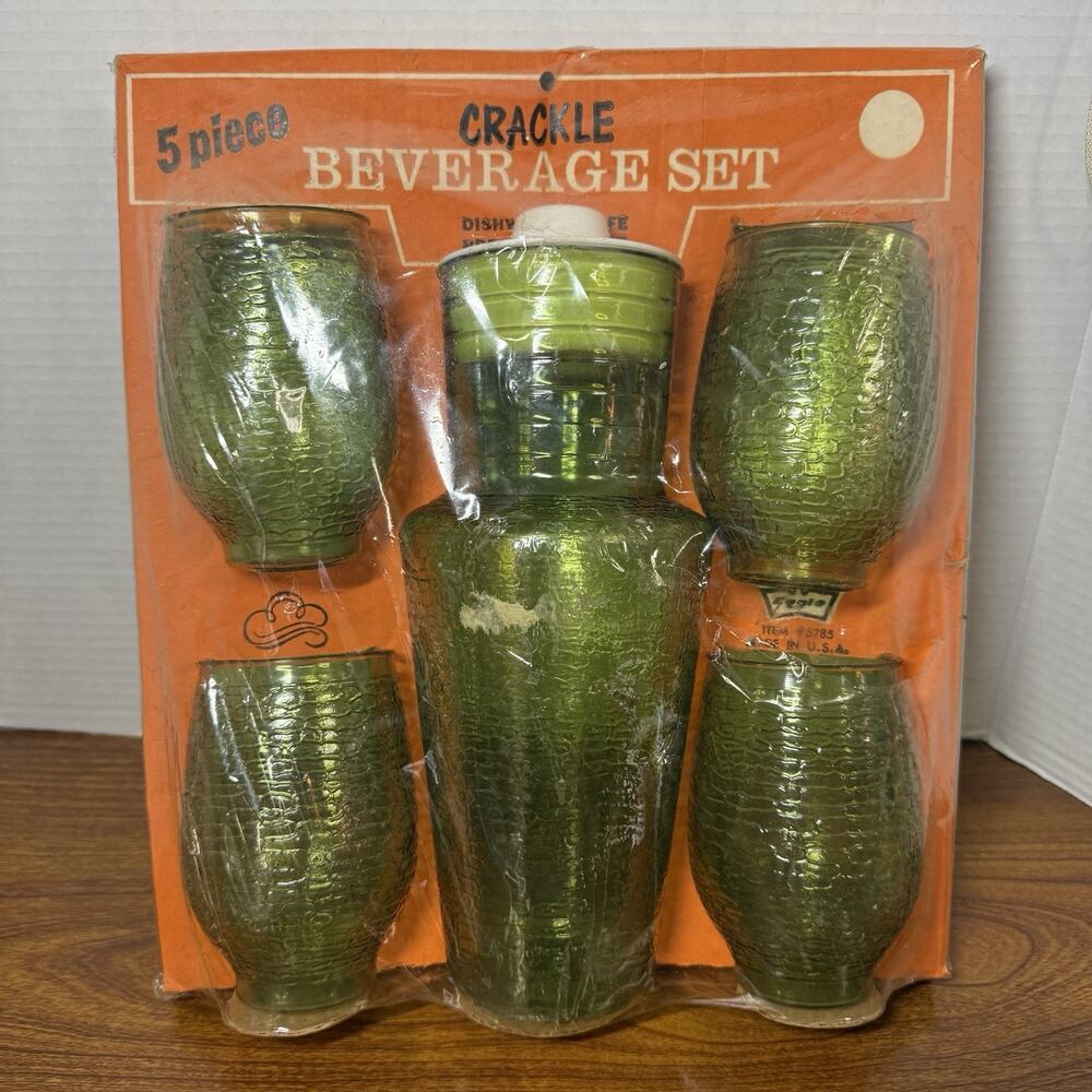 Vtg MCM Green Crackle Plastic Eagle Beverage Set 5pc Pitcher & Glasses New